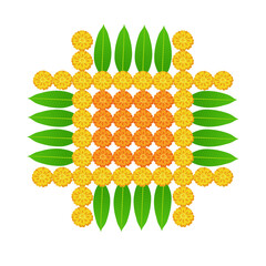 Floral pookalam or rangoli design with Marigold flowers and mango leaves for indian festivals , isolated on transparent background 