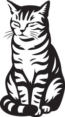Serene tabby cat black and white illustration, Peaceful house cat minimalist drawing
