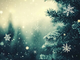 Snowy Christmas tree branch in winter forest