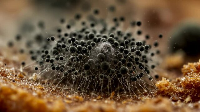 Close-up of Rhizopus (black bread mold) sporangia releasing spores into the air, surrounded by decaying food particles
