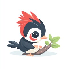 Cute cartoon woodpecker perched on a branch