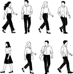 Obraz premium Walking people illustration set in black and white, featuring men and women in professional attire, ideal for motion, office, and business illustrations on Adobe Stock.