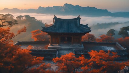 Temple Amidst Autumn Trees and Mountains with a Misty Landscape