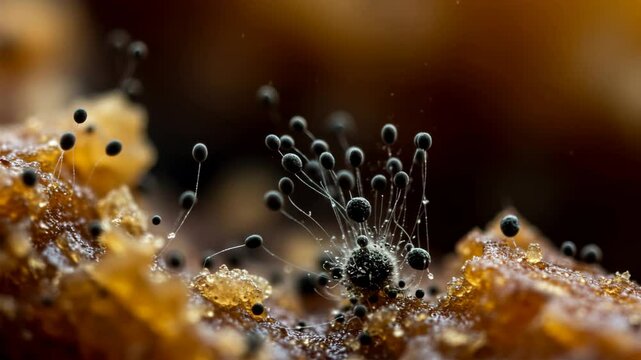 Close-up of Rhizopus (black bread mold) sporangia releasing spores into the air, surrounded by decaying food particles