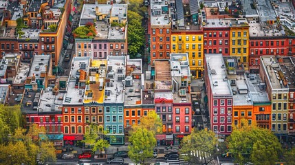 Urban cityscape, colorful buildings, streets, rooftops