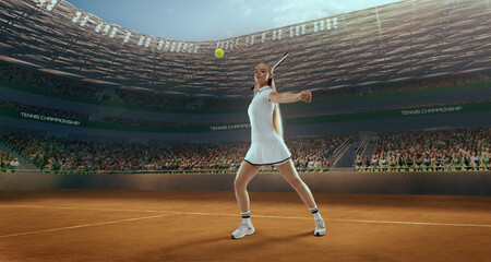 Woman tennis player playing tennis in professional tennis stadium.