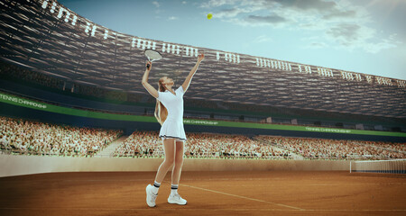 Woman tennis player playing tennis in professional tennis stadium.