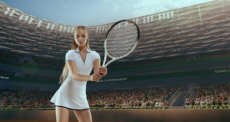Woman tennis player playing tennis in professional tennis stadium.