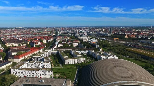 Aerial drone view of Neuhausen-Nymphenburg, a charming residential district in Munich, Germany, featuring historic buildings and leafy streets . 30 September 2024