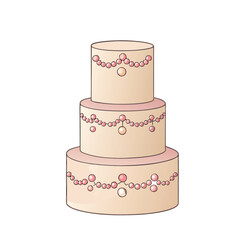 Elegant three-tier wedding cake vector illustration with pink pearl decorations and detail
