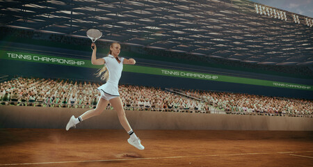 Naklejka premium Woman tennis player playing tennis in professional tennis stadium.