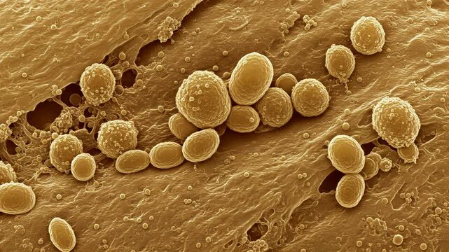 Electron microscope rendering of yeast cells (Saccharomyces cerevisiae) budding on the surface of fermenting dough, with realistic textures