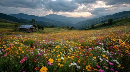 Fototapeta premium A vibrant wildflower meadow stretches across rolling hills under a cloudy sky, with a rustic cabin nestled near the mountains in the background.