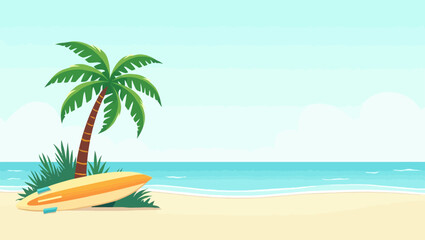 Minimal tropical beach background with palm tree and surfboard, perfect for summer and travel themes.