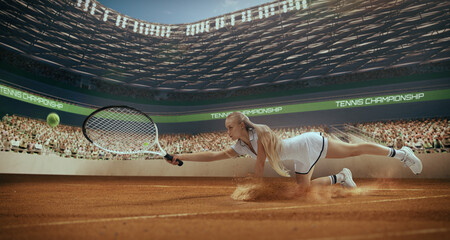 Woman tennis player playing tennis in professional tennis stadium.
