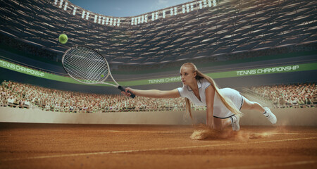 Woman tennis player playing tennis in professional tennis stadium.