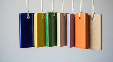 Colorful Ceramic Rectangular Tags Hanging on Twine