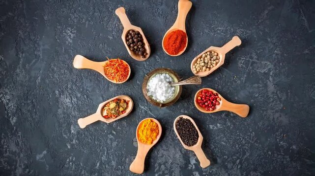 Various indian spices in wooden spoons, seeds, herbs on dark stone table. Colorful spices, top view. Organic food, healthy lifestyle, space for text