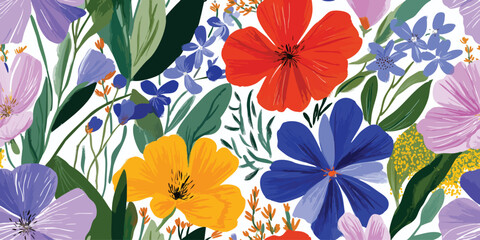 Vibrant Wildflower and Botanical Foliage Seamless Pattern. Colorful Floral Meadow Design for textile, packaging, fabric, wallpaper, branding, stationery, wrapping paper interior decor.