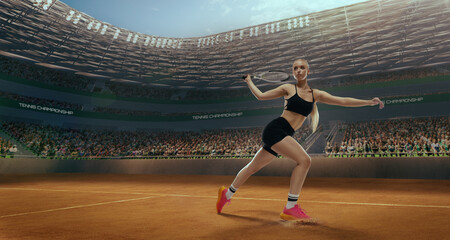 Woman tennis player playing tennis in professional tennis stadium.