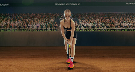 Woman tennis player playing tennis in professional tennis stadium.