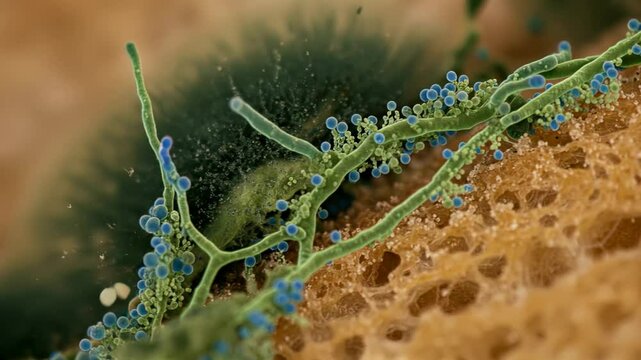  Microscopic view of Penicillium mold growing on a slice of bread, showing branching hyphae and spore-producing structures in vivid detail
