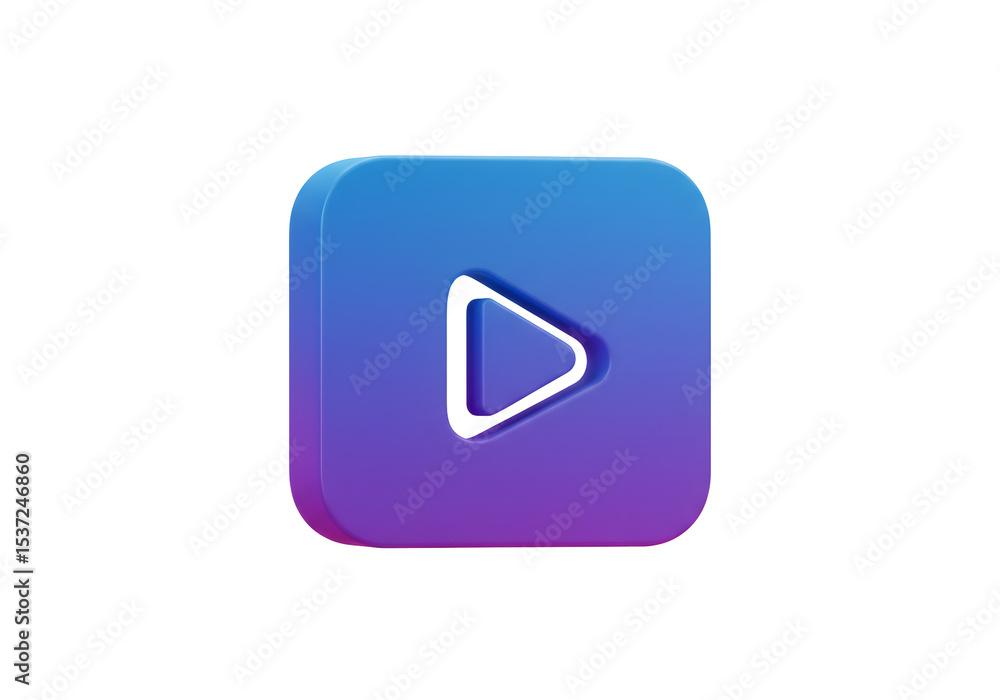 Poster gradient purple and blue play icon triangle arrow in square button 3d render