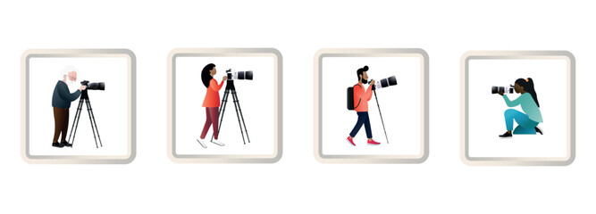 Four photographers are using professional cameras and tripods, capturing images in diverse settings, showcasing their passion and expertise in photography