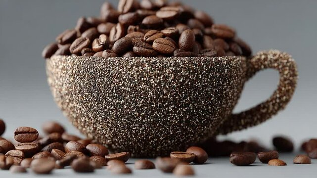 Coffee beans falling around a cup filled with coffee beans, studio shot animation