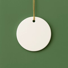 Minimal Round White dangler (Hanging Tag) with Gold String on Green Background &ndash; Product Label Mockup
