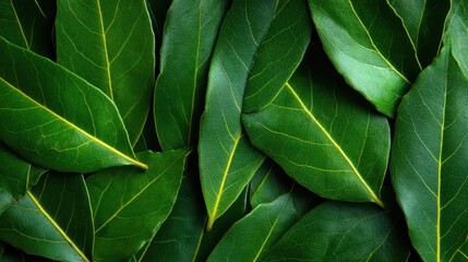 Fresh bay leaves of various sizes lie flat on a wooden surface, showcasing their vibrant green color and unique texture, ideal for enhancing flavors in cooking