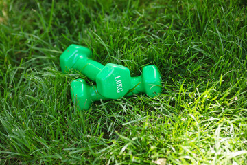 Two green dumbbells with the numbers 1 kg on them are on the grass. The dumbbells are placed on the grass, and they are not being used