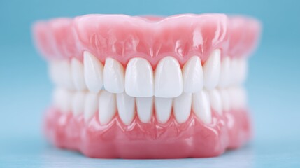 Obraz premium A dental model displays a full set of healthy teeth and pink gums against a light blue background. This serves as an educational tool for dental hygiene and oral health demonstrations
