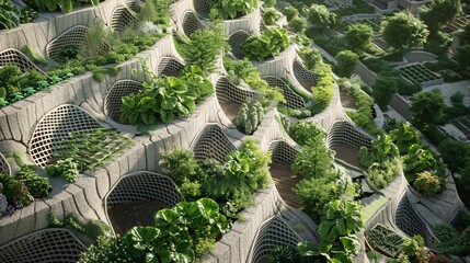 Urban terraced gardens, tiered organic farming. Lush vegetation,  modern concrete structures