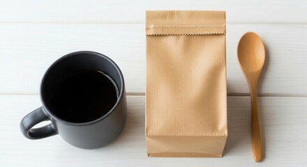 Dark Gray Mug Coffee Brown Paper Bag Wooden Spoon White Table