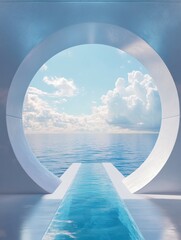 Fototapeta premium Abstract futuristic tunnel with ocean view.