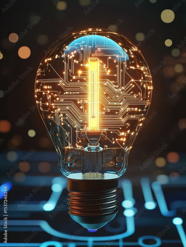 Poster innovative light bulb with digital circuit design symbolizing technology and innovation : generative