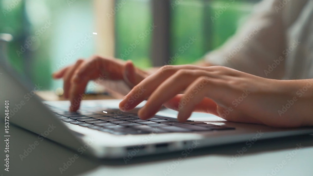 Poster focused person typing on laptop in cozy indoor environment with natural light filtering through wind