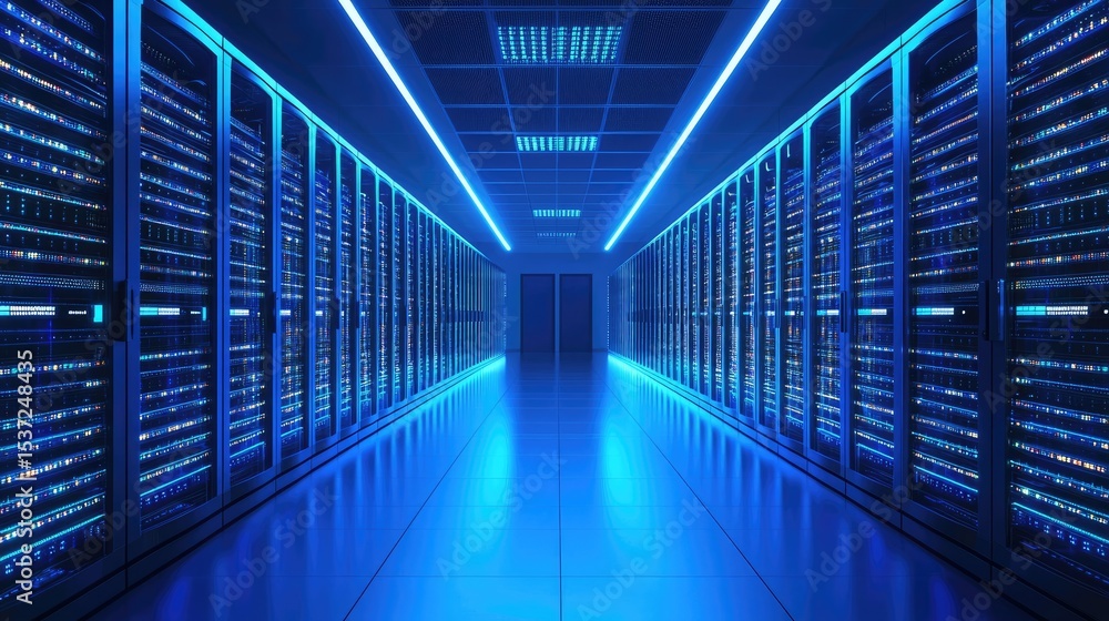 Poster Brightly lit futuristic data center with symmetrical rows of glowing server racks, perfect for illustrating modern cloud infrastructure, cybersecurity, and high-tech computing systems