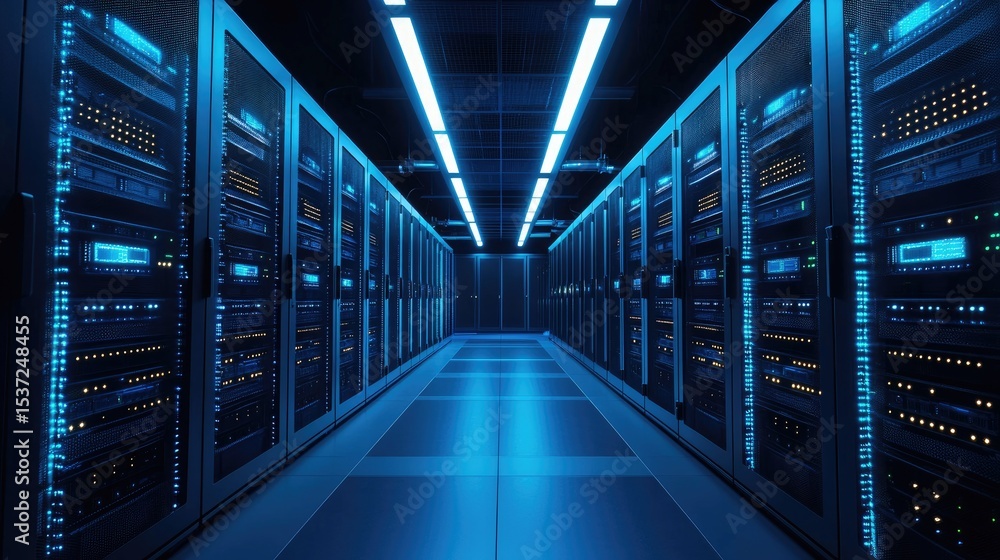 Poster Dark modern data center corridor with glowing blue servers and overhead lighting, perfect for cloud computing, data management, IT infrastructure, and network security visuals