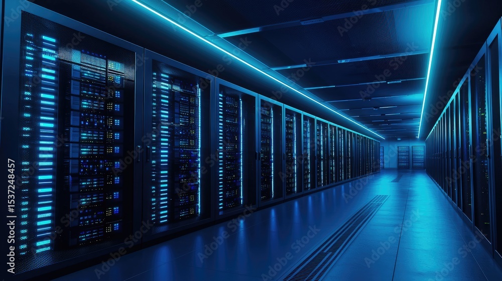 Poster modern data center interior with rows of illuminated server racks in blue lighting, ideal for techno
