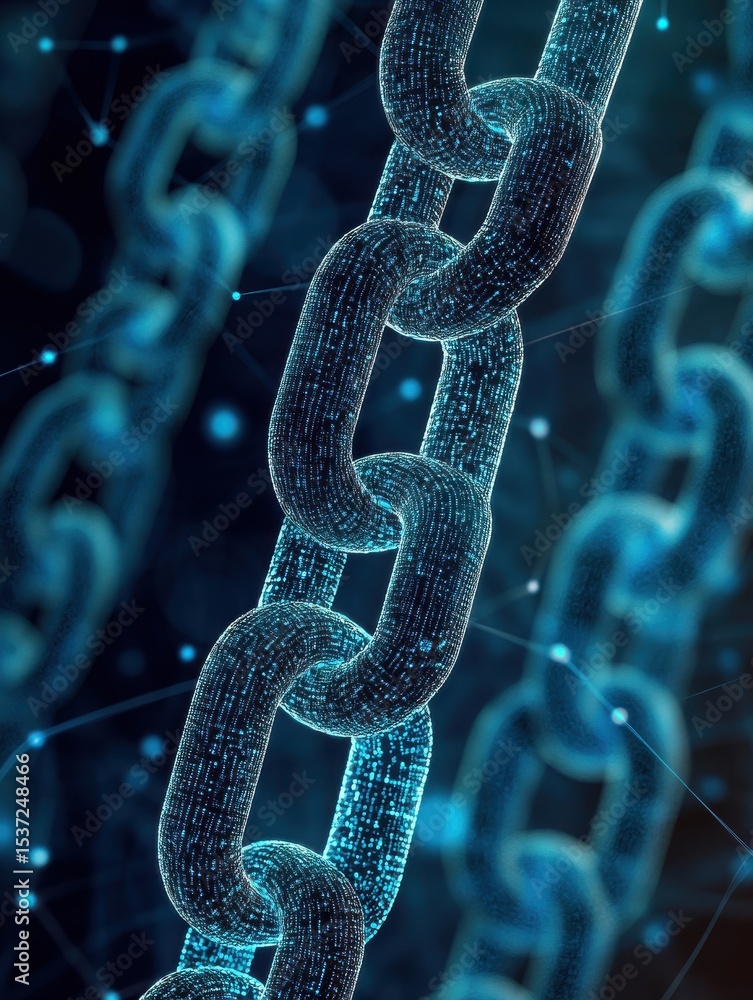 Poster connected digital chain links representing security and data connection technology
