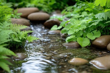 Tranquil stream with smooth rocks and lush greenery in natural setting