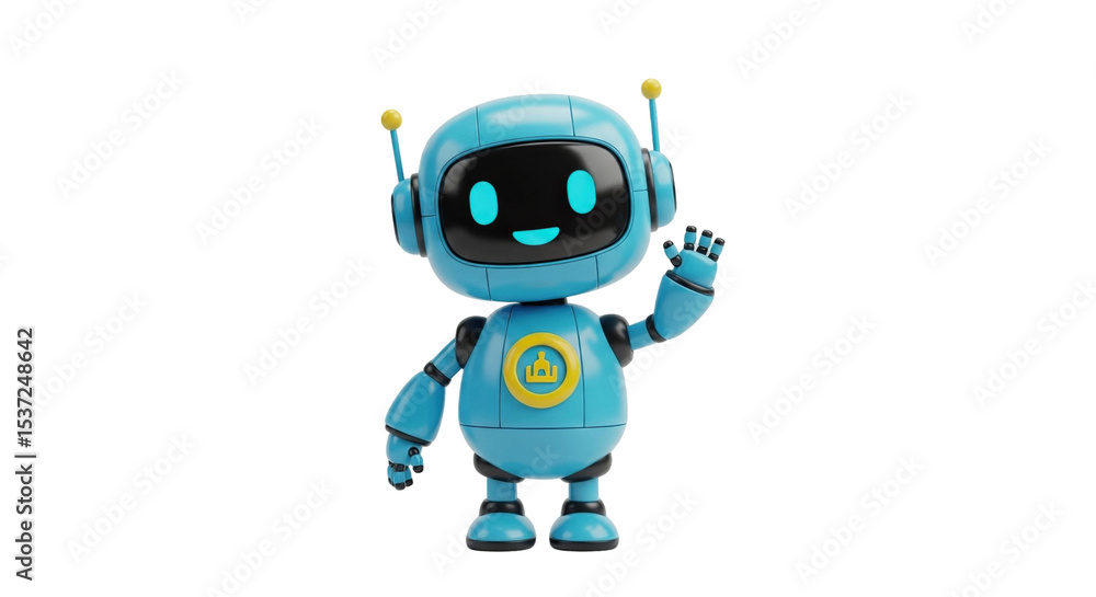 Poster a cyan robot with yellow accents waving its hand in a friendly gesture on an isolated plane on trans
