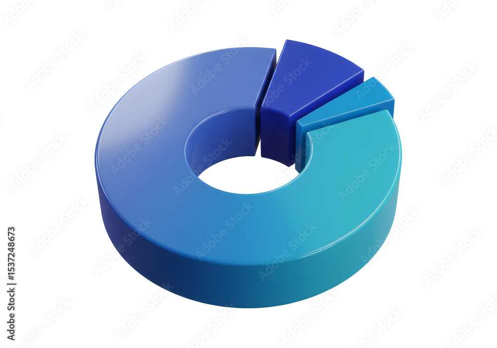 Poster 3d render of segmented blue pie chart isolated on black transparent background