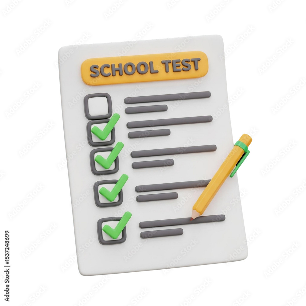 Poster school test paper with check marks and a pencil lying on it in a rendered illustration on transparen