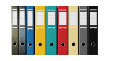 Arrangement of ring binders in various hues standing upright next to each other in a row format on transparent background