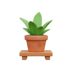 Fototapeta premium Plant with green leaves in a terracotta pot sitting on a small wooden stand with a plain setting on transparent background