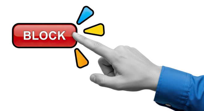 Finger pressing a red block button with rays of blue yellow and orange on a plain setting on transparent background