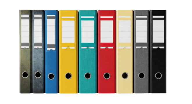 Arrangement of ring binders in various hues standing upright next to each other in a row format on transparent background - Powered by Adobe